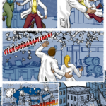 A comic page shows a laboratory interior during a violent structural collapse. In the first panels, Ventrik and Tanya, both wearing white lab coats, react as cracks spread across the ceiling and walls. Tanya turns as the building rocks and shakes and begins to fall while Ventrik reaches toward her. In the next panel, Ventrik grabs Tanya and pulls her away as the structure shifts. Cracks in the structure continue as large chunks of ceiling break apart, fragments of concrete and equipment fall into the room. A wider panel shows both characters bracing themselves as debris rains down around them. In the final panels, the building continues to collapse, and the scene pulls back to reveal an exterior view where the ground in front of the building has fallen away, exposing underground levels and infrastructure as buildings tilt and break apart.